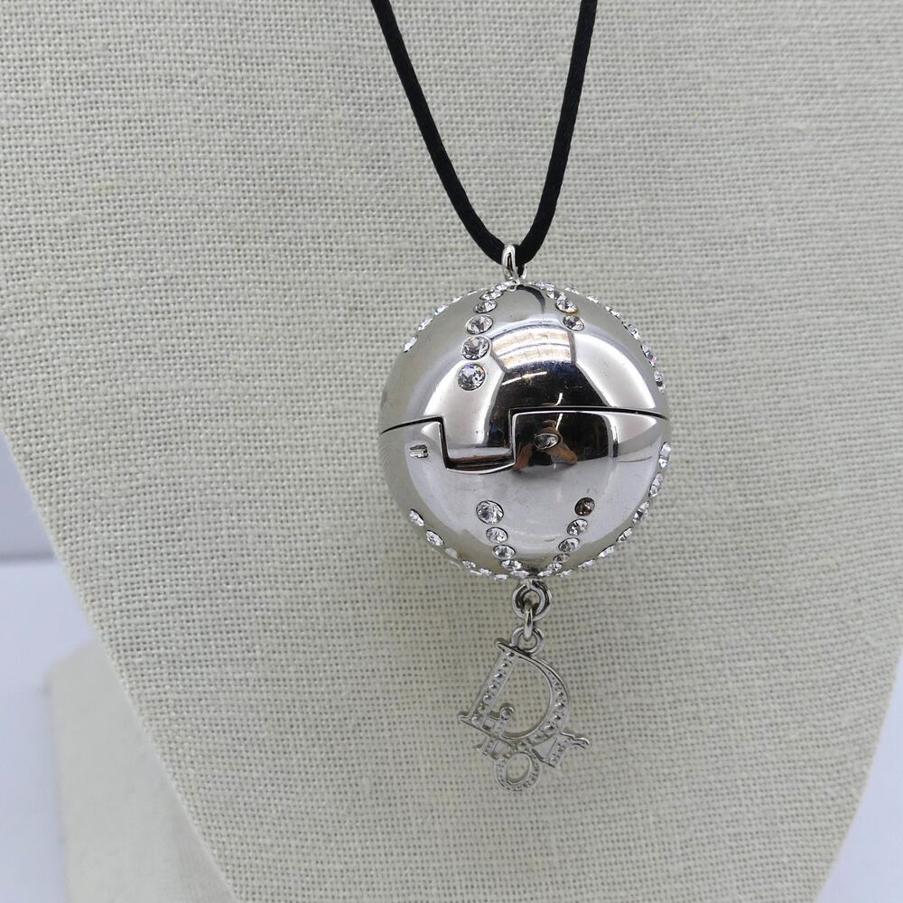 Y2k Christian Dior DIORLIGHT Sphere Pendant Case Necklace Black Cord Jewelry